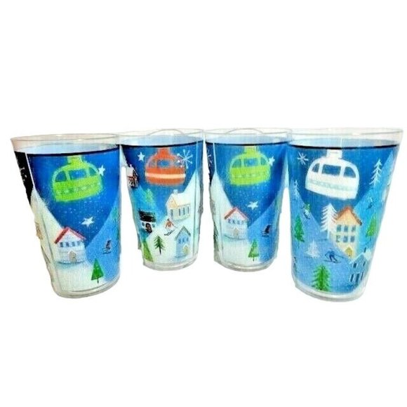 Ski Lodge Acrylic Tumbler 4-Pc Snow Skiing Mountains Trees 19-oz Each Gift NEW - Picture 1 of 3